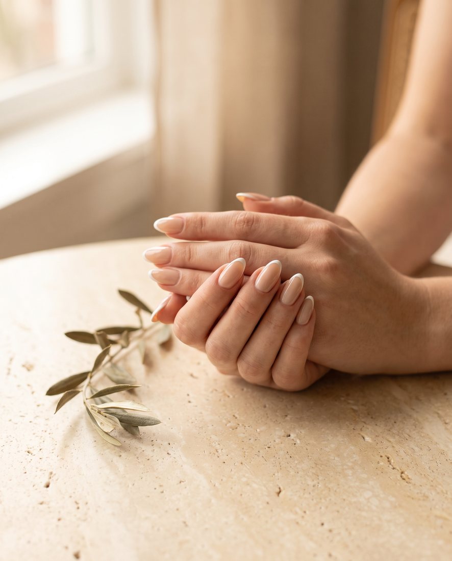 Klassieke French manicure met een frisse witte tip op amandelvormige nagels