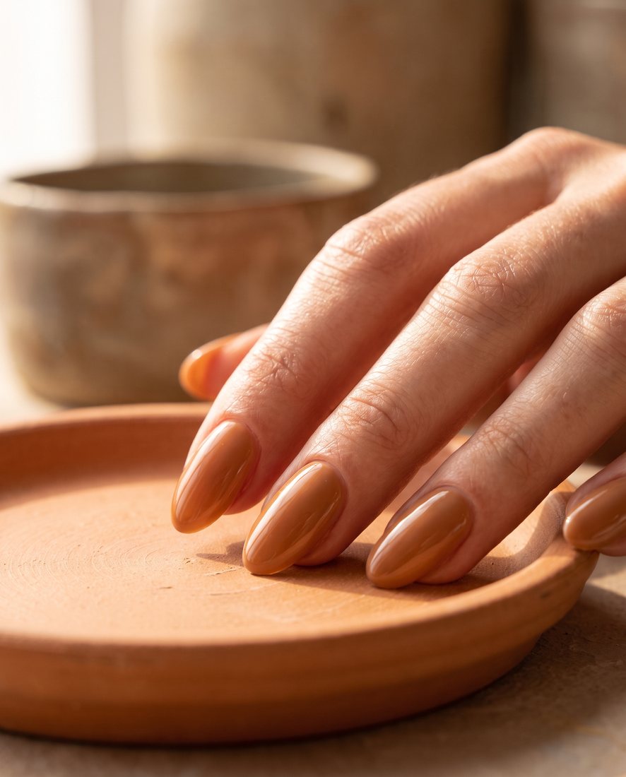 Sterke overlay in een warme caramel-nude tint met een strakke ovale vorm