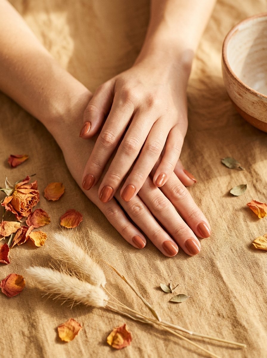 Twee verzorgde handen met een warme terracotta gel manicure op een zonnig linnen ondergrond