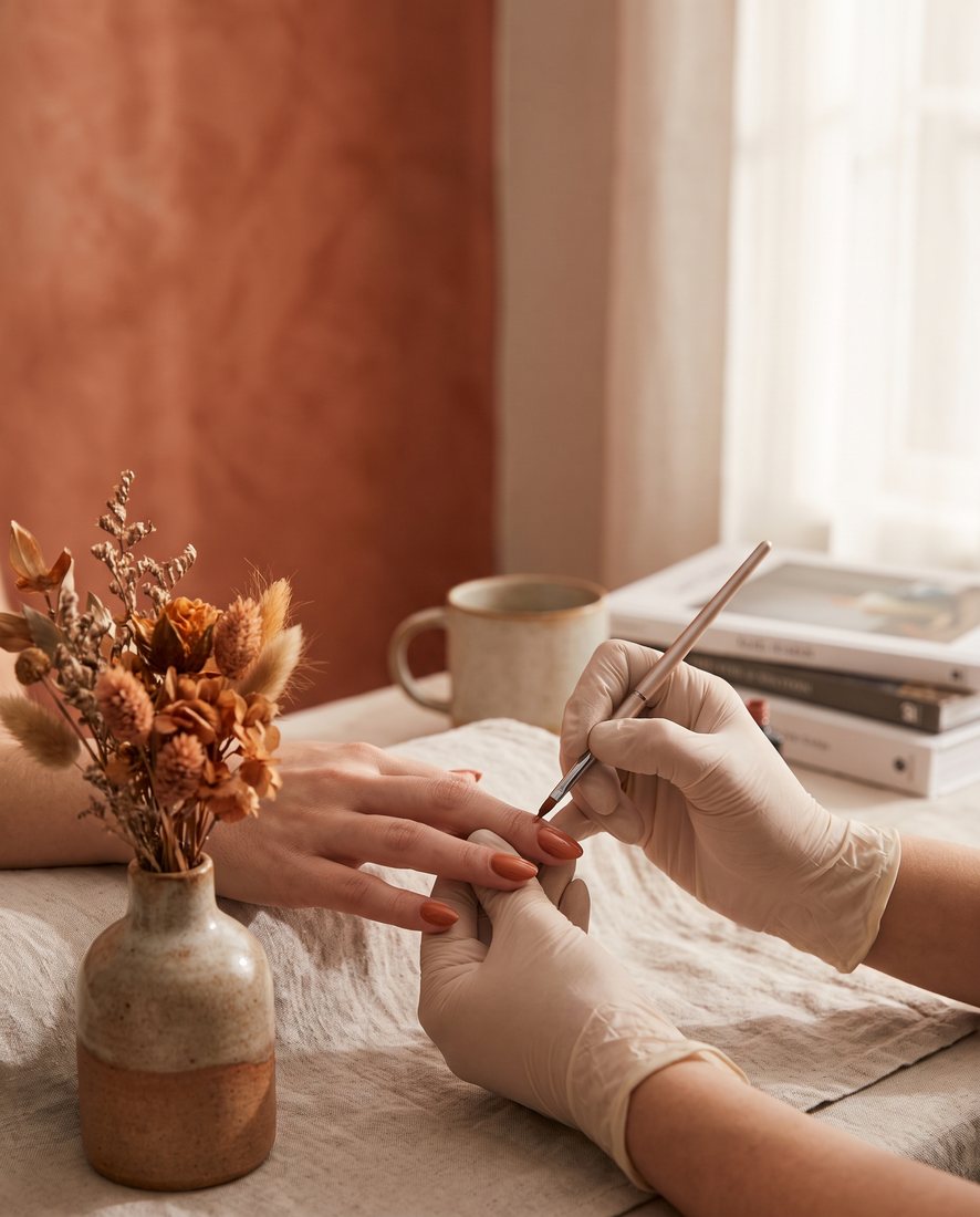 Nagelstyliste brengt met precisie gelpolish aan bij een klant in een sfeervolle thuisstudio